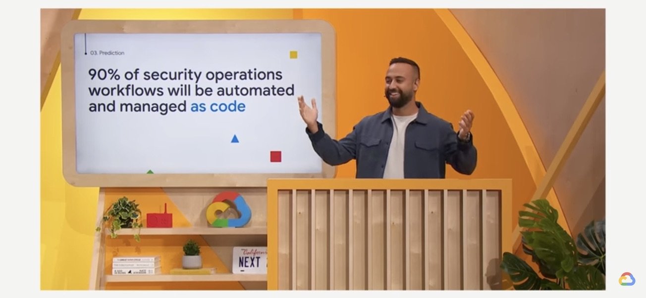 Iman Ghanizada on the Google Cloud Next '22 Developer Keynote stage beside a slide reading: 90% of security operations workflows will be automated and managed as code.
