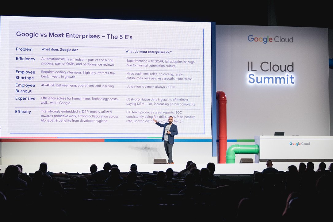 Iman Ghanizada keynoting EMEA Cloud Summit on a large stage, presenting Google vs Most Enterprises.